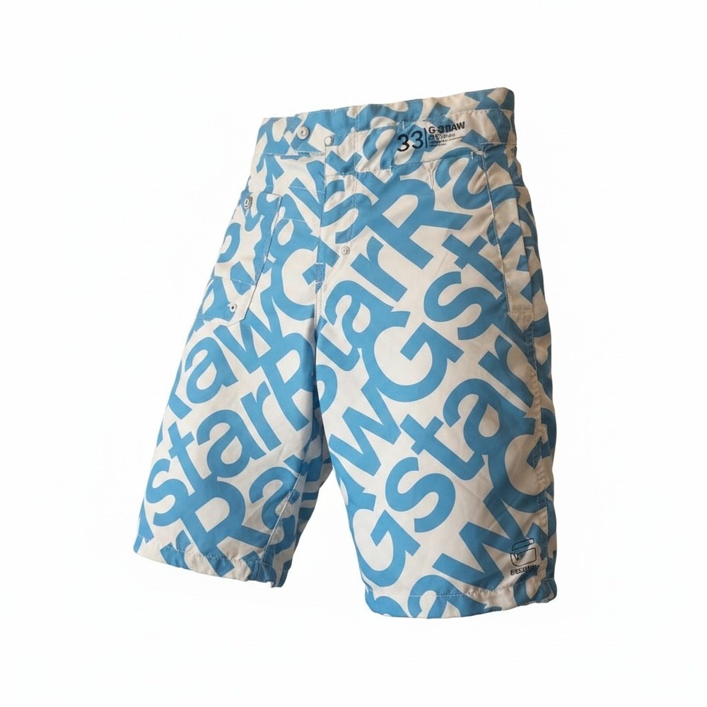 G-Star Raw Austin Board Shorts Mens Medium Blue White All Over Logo Swim Trunks